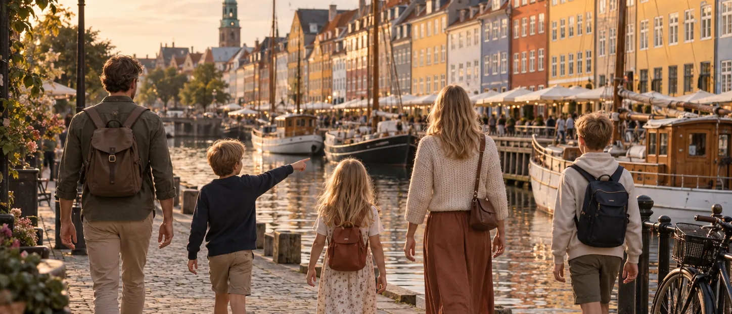 A family of five walking along a Copenhagen canal quay at golden hour, a child pointing at the moored wooden boats