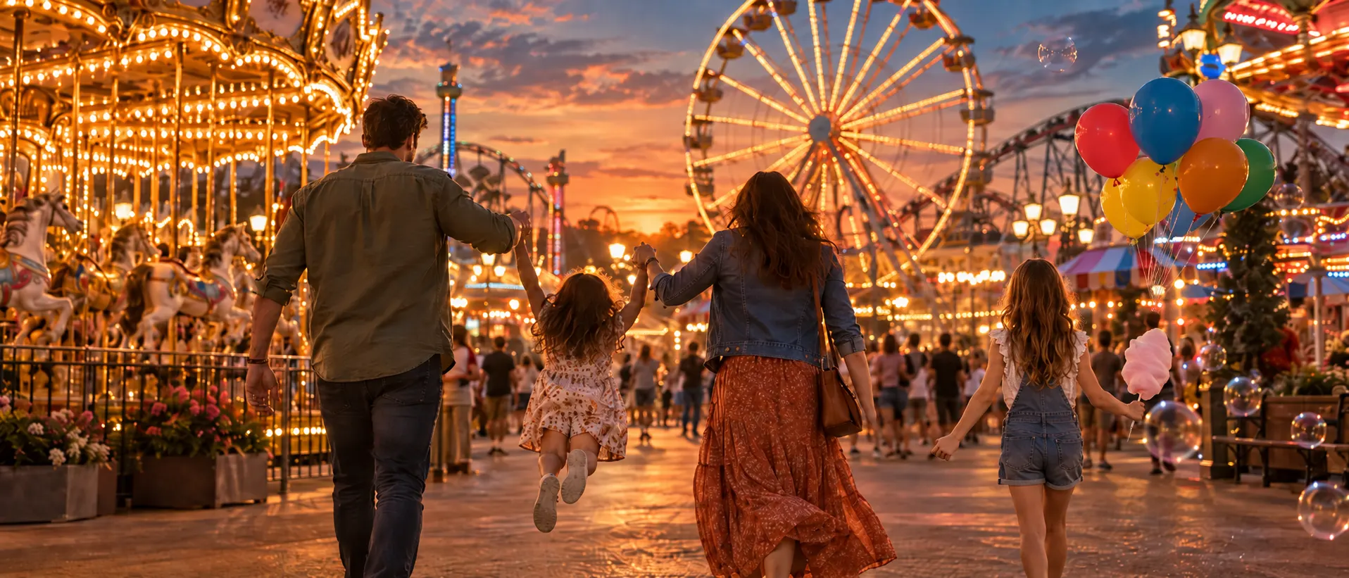 Parents swinging a child by the hands down a glowing amusement-park midway at dusk, carousel and ferris wheel lit behind them