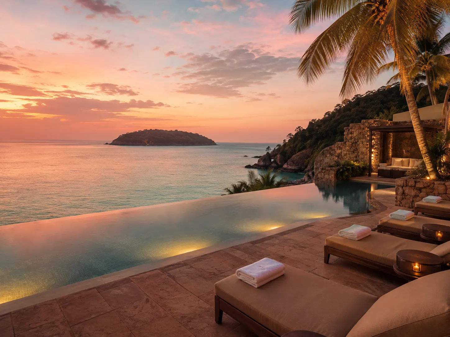 A clifftop infinity pool at sunset with warm lights, empty loungers, and a distant island on the horizon